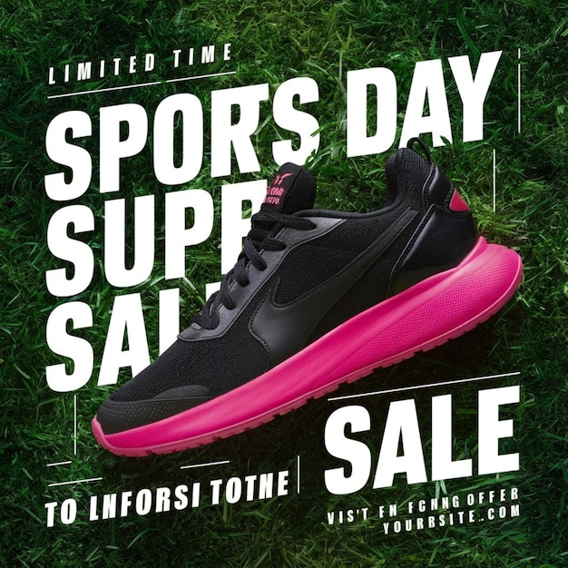 Zdjęcie plakat na sprzedaż dnia sportowego z czarnym butem na nim