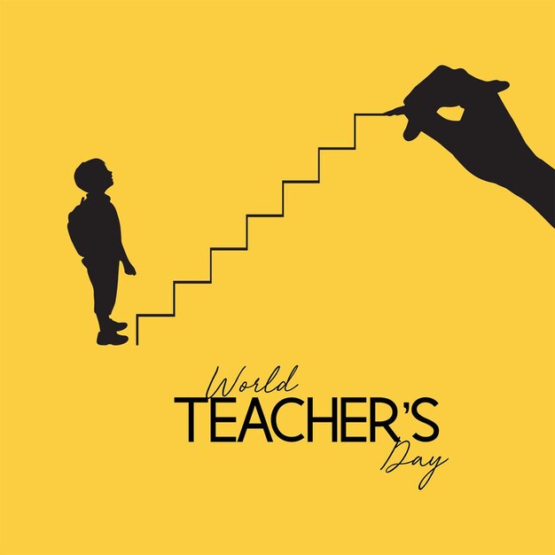 Plakat na światowy dzień nauczyciela z ręką rysującą chłopca na schodach