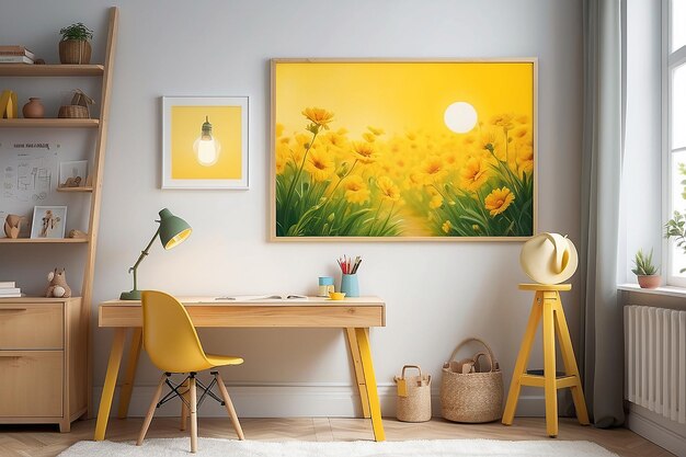 Plakat na sztalupie obok drewnianego biurka i białego krzesła w wnętrzu pokoju dziecka z żółtą lampą