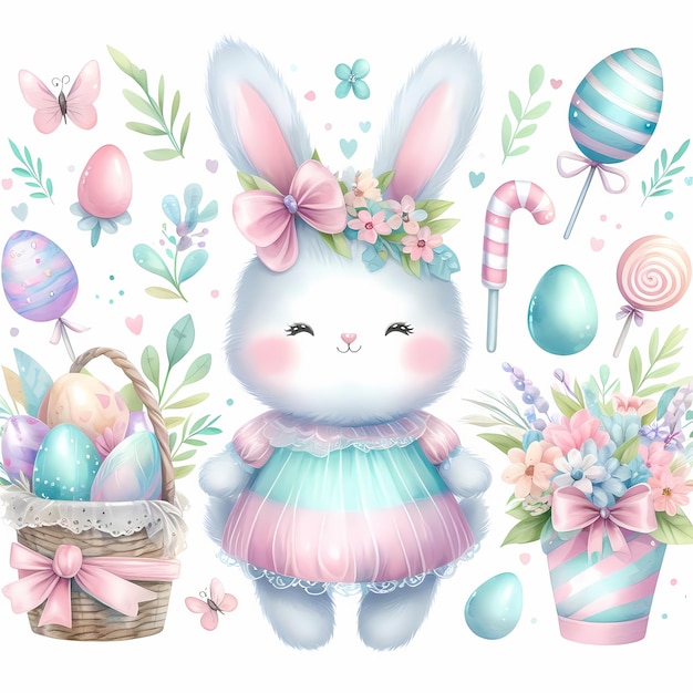 plakat na Wielkanoc z królikiem i jajkami wielkanocnymi
