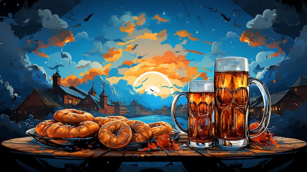 Plakat Oktoberfestu z precle akordeonowym i kubkami piwnymi Oktoberfest tło