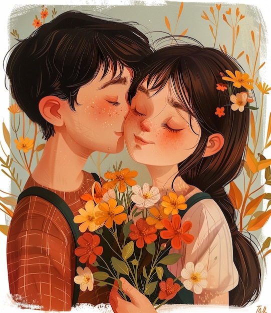 plakat pary całującej się i całującej z kwiatami i dziewczyną