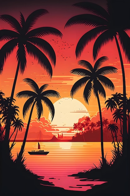 Plakat plaży z palmami i łodzią na pierwszym planie.