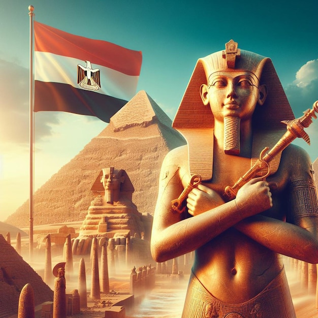 plakat posątu człowieka trzymającego miecz i flagę z piramidą na tle