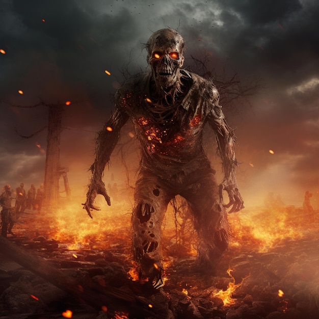 plakat przedstawiający apokalipsę zombie z ludźmi w tle.