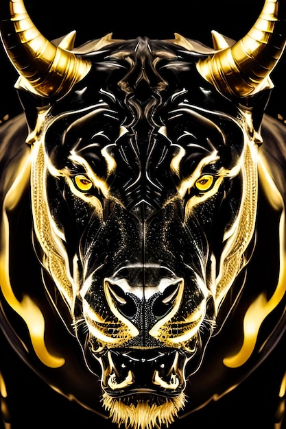Plakat przedstawiający byka ze złotymi i czarnymi znaczeniami.