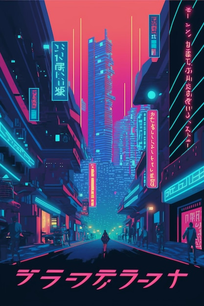 Plakat przedstawiający cyberpunkowe miasto z neonami na górze.