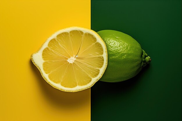 Plakat przedstawiający cytrynę odciętą, żółtą, połową zieloną. Generacyjna sztuczna inteligencja