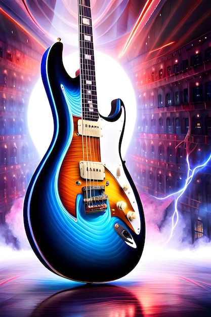Plakat przedstawiający gitarę z niebiesko-żółtą gitarą.