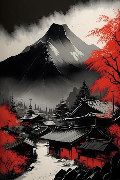 Plakat przedstawiający japońską scenę górską z górą w tle