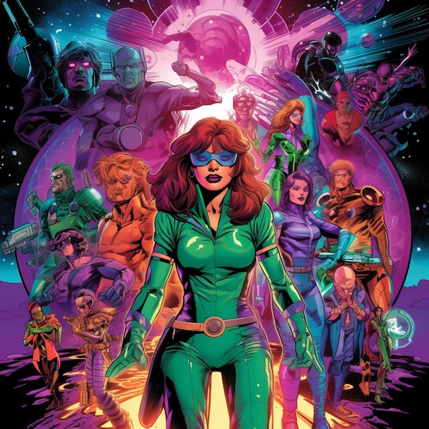 plakat przedstawiający kobietę w zielonym kostiumie stojącą przed grupą ludzi generatywną ai