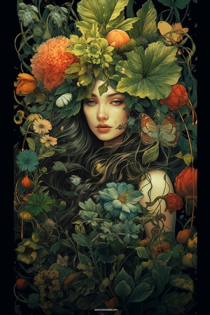 Plakat przedstawiający kobietę z kwiatami na głowie.
