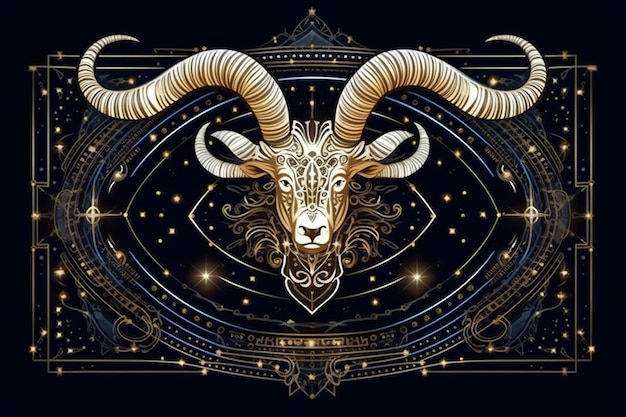 Plakat przedstawiający kozę z rogami i złotą ramą.