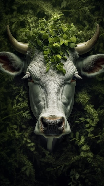 Plakat przedstawiający krowę z zielonymi liśćmi