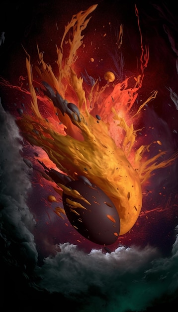 Plakat przedstawiający kulę ognia, która zaraz spadnie na niebo.
