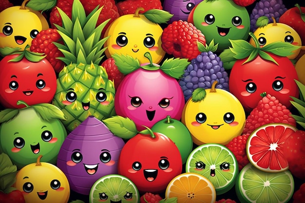 plakat przedstawiający owoce z twarzą mówiącą „owoce”.