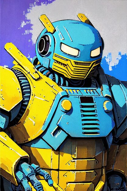 Plakat przedstawiający robota z niebiesko-żółtą twarzą.