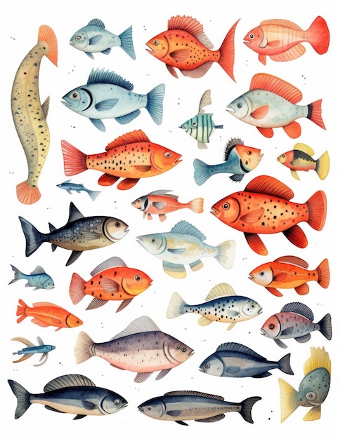 Plakat przedstawiający ryby i stworzenia morskie.