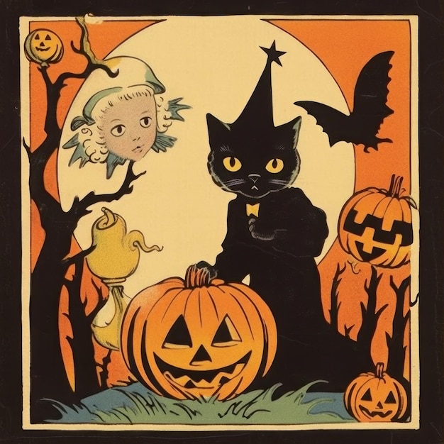 plakat przedstawiający wiedźmę i czarnego kota z dynią.