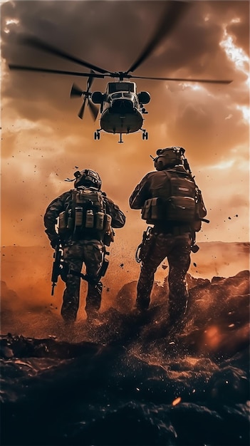 Plakat przedstawiający żołnierzy i latający po niebie helikopter