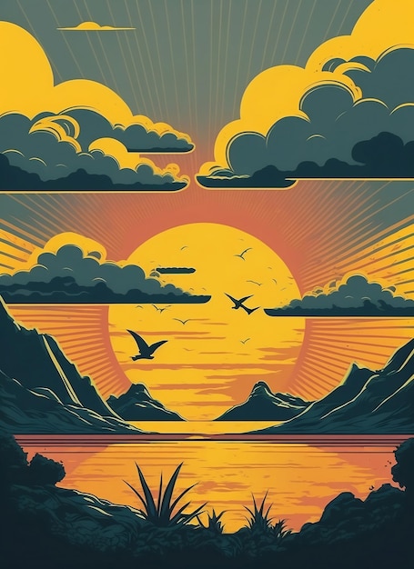 Plakat retro z pejzażem morskim z falami, mewami i chmurami Wschód i zachód słońca Drukarnia Backgrou