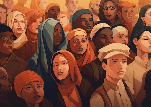 plakat różnych ludzi stojących obok siebie w stylu ciepłej palety kolorów