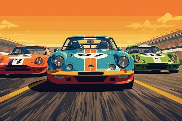 Plakat sportów motorowych w stylu vintage z samochodami Piękny obraz ilustracji Generatywna sztuczna inteligencja