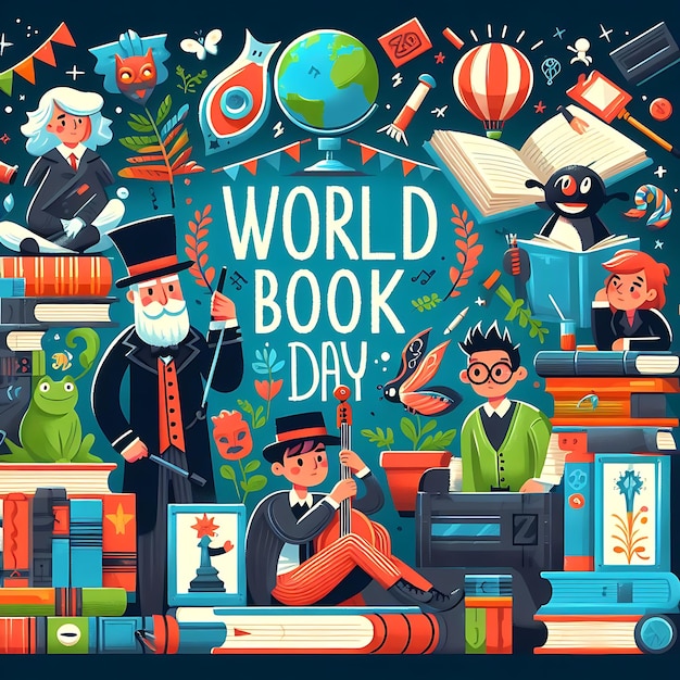 plakat światowego dnia książki z człowiekiem w garniturze