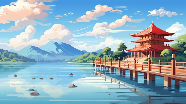 Plakat świątyni Itukushima w słoneczny dzień z widokiem na błękitne niebo