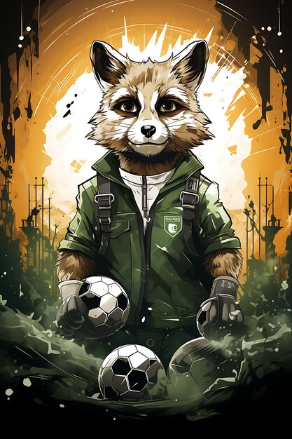 Plakat świstaka otoczonego piłkami piłkarskimi i noszącego koszulkę Vi 2D Flat Design Illustration