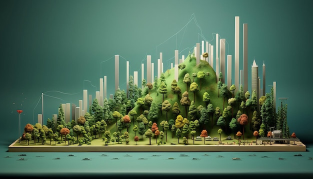 plakat w stylu infografiki 3D przedstawiający wykres słupkowy wykonany z drzew o różnej wysokości