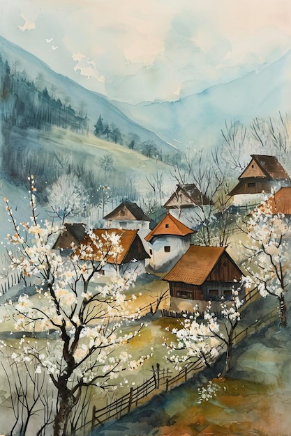 Plakat z akwarelowym krajobrazem wioski w Europie Wschodniej wczesną wiosną