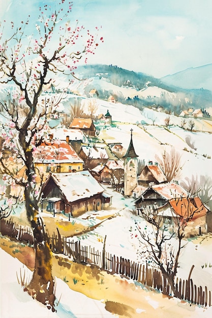 Plakat z akwarelowym krajobrazem wioski w Europie Wschodniej wczesną wiosną