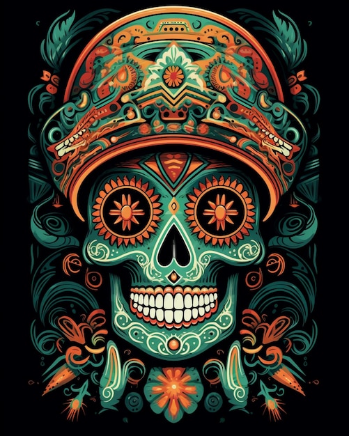 plakat z czaszką i kolorowym szczytem z kolorowym wzorem.