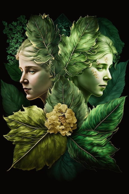 Plakat z dwiema kobietami i liśćmi