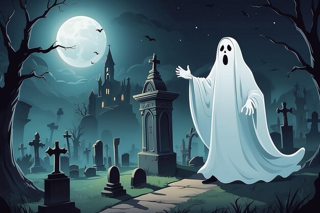 Plakat z Halloweenu z duchem na cmentarzu.
