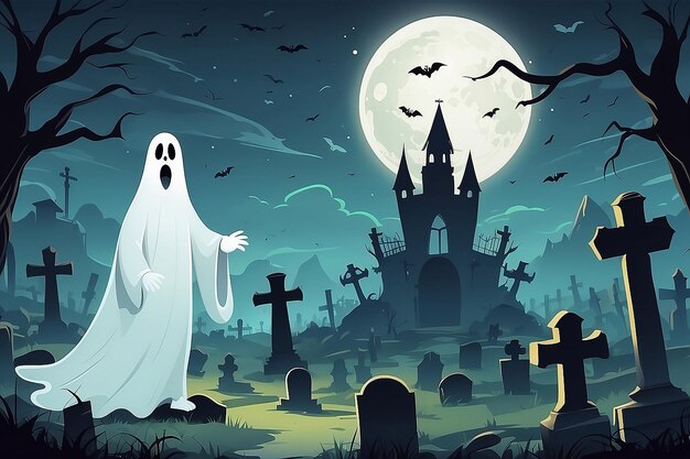 Plakat z Halloweenu z duchem na cmentarzu.