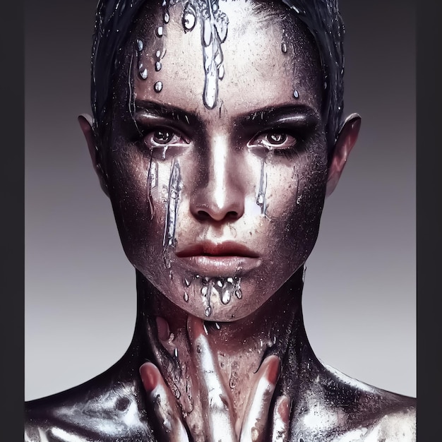 Plakat z kobietą z srebrną farbą na twarz i kropelami wody na twarzy.
