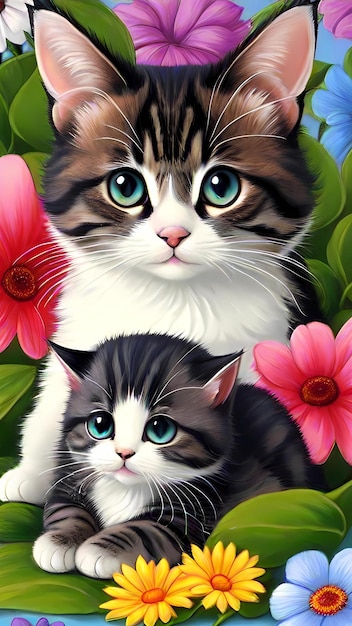plakat z kotem i kwiatami