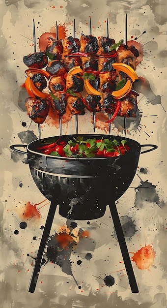 Plakat z kurczakiem Tikka Masala z grillem na węgiel drzewny i ilustracją Spi Jedzenie Pij Indyjskie smaki