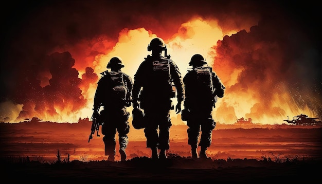 Plakat z oddziałem żołnierzy wojskowych z bronią na polu bitwy z eksplozjami