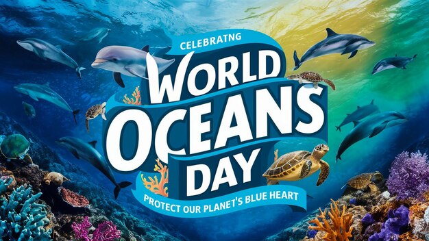 plakat z okazji Światowego Dnia Oceanów z niebieskim tłem i słowami Światowy Dzień Oceanów