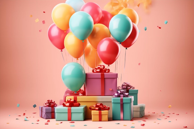plakat z okazji urodzin z balonami i generatywnym tłem pudełka na prezent ai