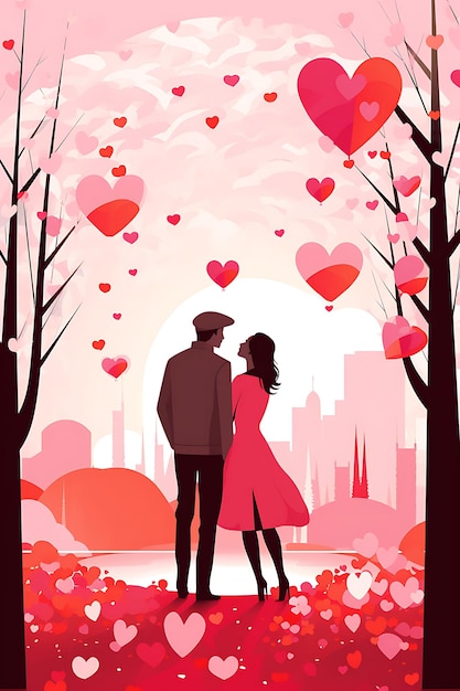 Plakat z okazji Walentynek z parami na randkach Międzynarodowy Dzień Czerwonego i Różowego Serca Patt 2D Design
