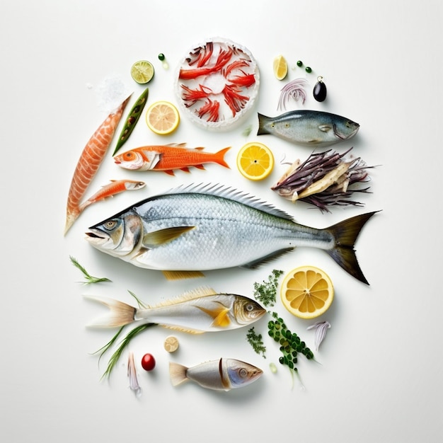Plakat z rybami i owocami morza na targ rybny