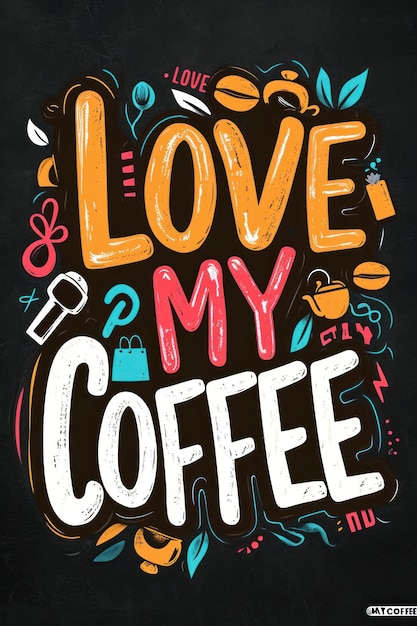 Plakat z słowami "Kocham moją kawę" napisanymi różnymi kolorami.