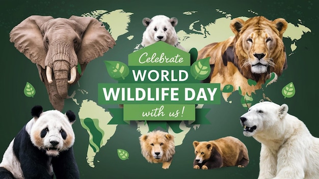 Zdjęcie plakat z zdjęciem zwierząt, które mówią światowy dzień życia z zielonym tłem