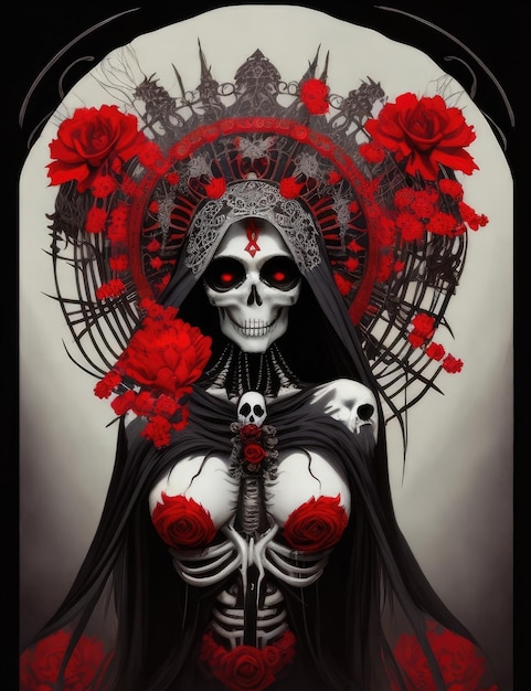 Plakat ze szkieletem w czarnej sukience i czerwonymi różami.