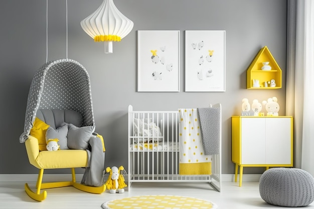Plakaty w szykownej, szaro-żółtej sypialni dla dzieci