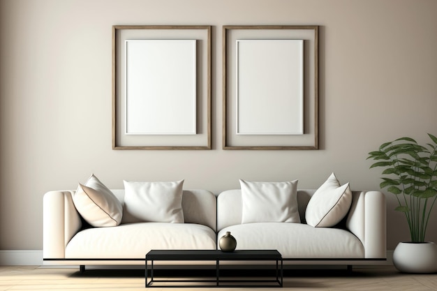 Plakaty z dwiema pustymi drewnianymi ramkami pionowymi, sofą z poduszkami, rośliną i lampą w salonie